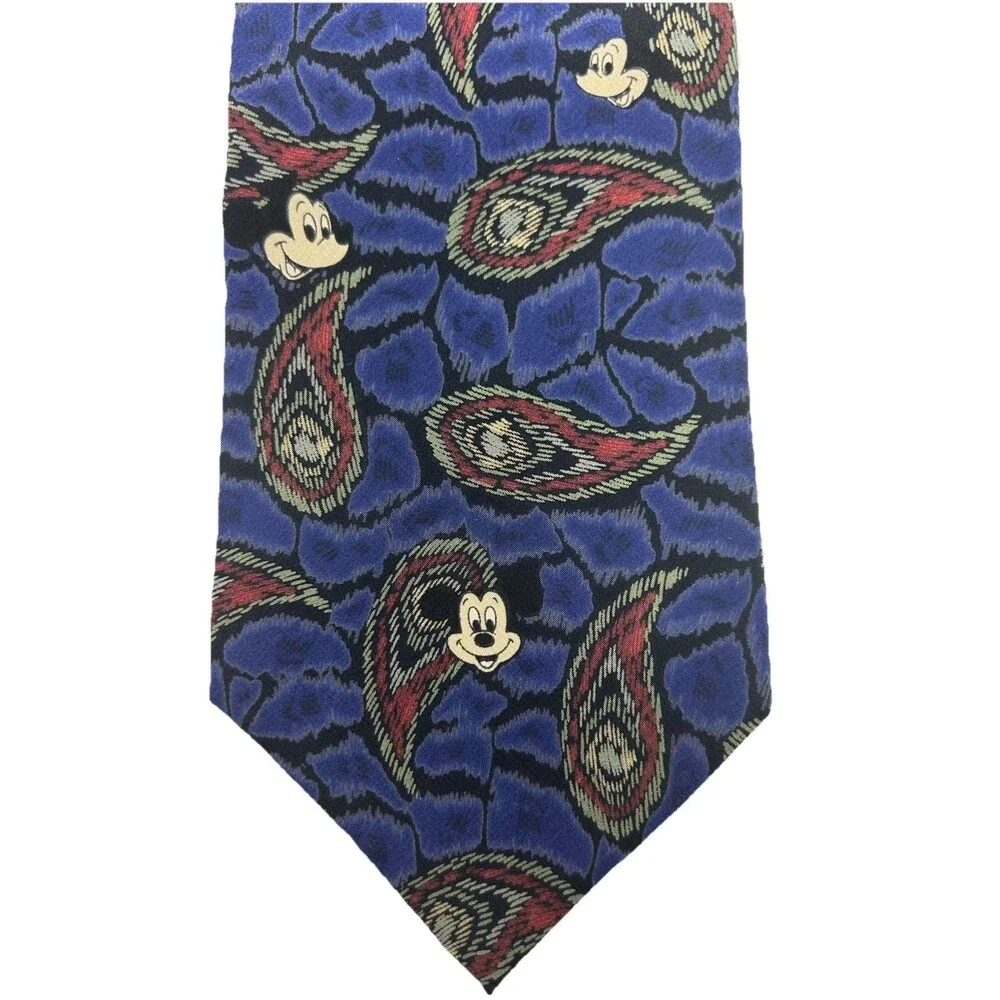 Vintage Disney Mickey Mouse Tie Paisley Blue‎ Red Silk Made in USA  57